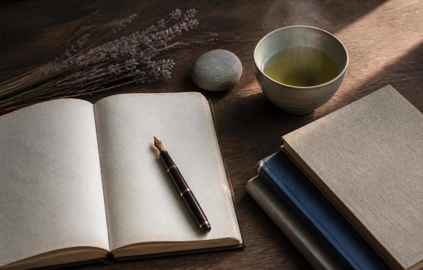 Cuaderno abierto con pluma junto a manuales, taza de té verde y ramas de lavanda — espacio de estudio para la formación en Reiki Usui Japonés