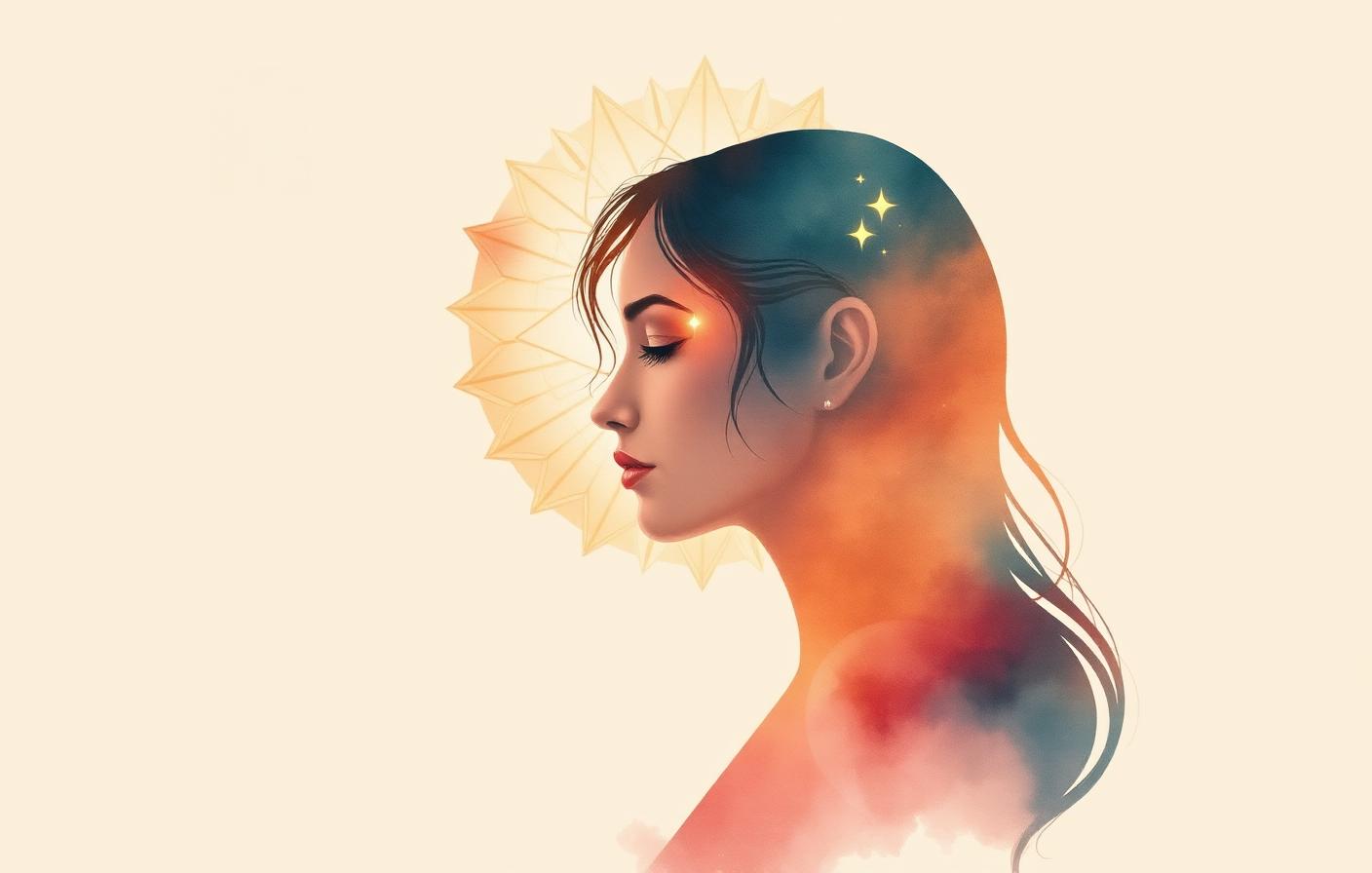 Ilustración de una mujer en perfil con el tercer ojo iluminado, símbolo del desarrollo psíquico